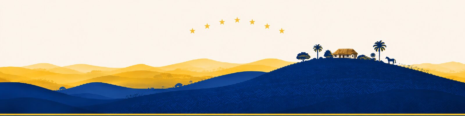 Illustration of the Azuero hills in Herrera's blue and yellow — a hilltop village with a chapel, palms, and a horse beneath an arc of seven stars